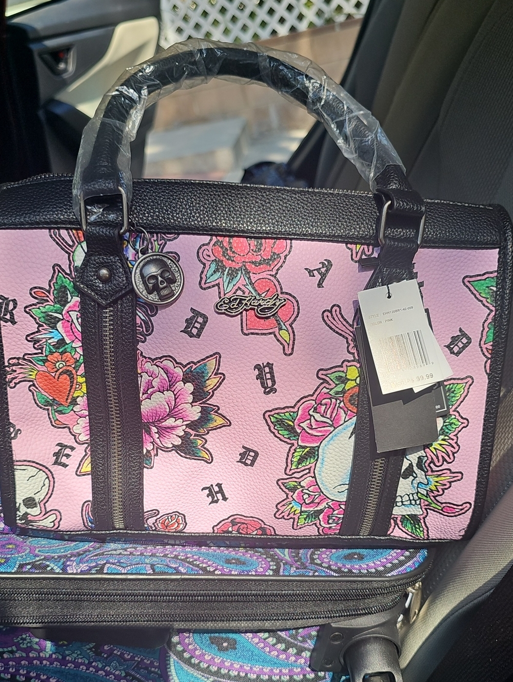 Ed Hardy Pink Floral & Skull Tattoo Satchel with Black Trim